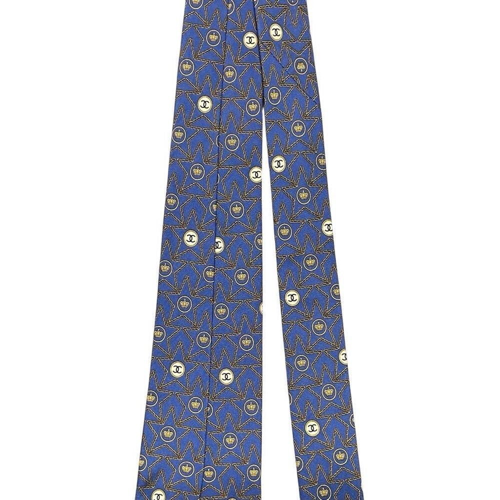 CHANEL Mens Navy Blue Silk Designer Neck Tie Adjustable Star Pattern Logo - Picture 7 of 13